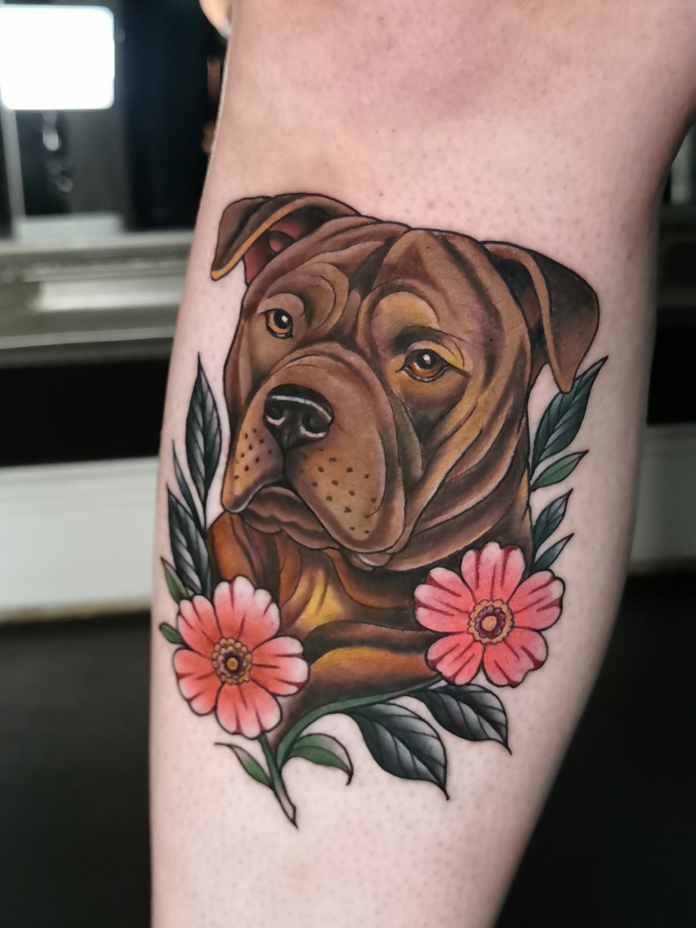 Tattoo of a dog and flowers on a person's arm with a mirror in the background. Neotraditional tattoo